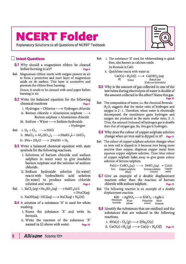 Arihant All in One Class 10 Science Chapter 1 Chemical Reactions and Equations index list covering types of reactions and effects of oxidation