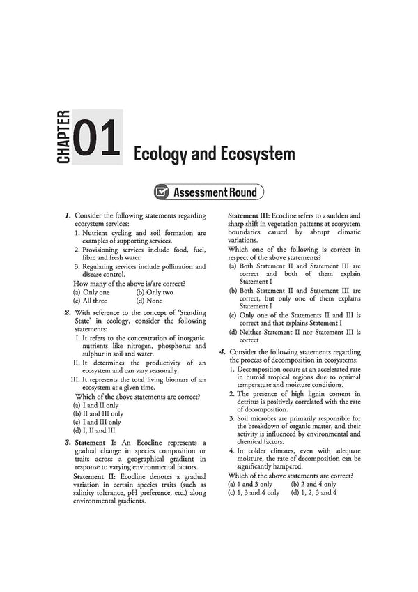 Arihant Ignite Topicwise MCQs Environment and Ecology Chapter 1 sample page showing Assessment Round questions on ecosystem services standing state ecocline gradients and decomposition processes