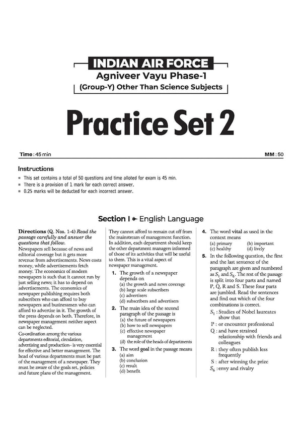 Indian Air Force Agniveer Vayu (Phase 1) Online Exam 2026 | 30 Practice Sets Group Y Other Than Science | with Detailed Solutions and Solved Paper 2025