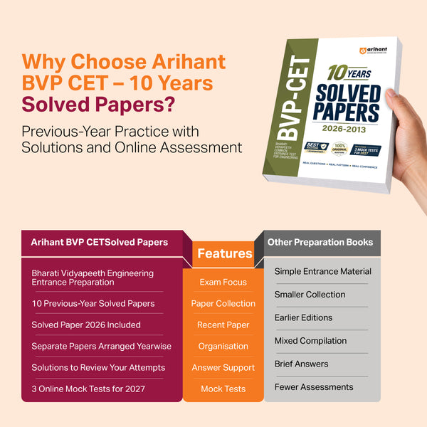 BVP-CET Engineering Entrance Exam 2027 | 10 Years Solved Papers (2026–2013) | 100% Original Questions with Detailed Solutions | 3 Mock Tests for 2027