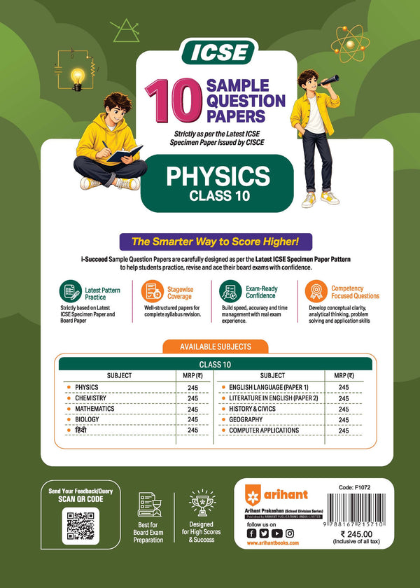 i-Succeed ICSE 10 Sample Question Papers Class 10 Physics Exam 2027 | Colour-Coded Revision Cheat Sheets, Council Style Detailed Answers, Mind Maps for Last Minute Revision | Based on ISC Syllabus 2027