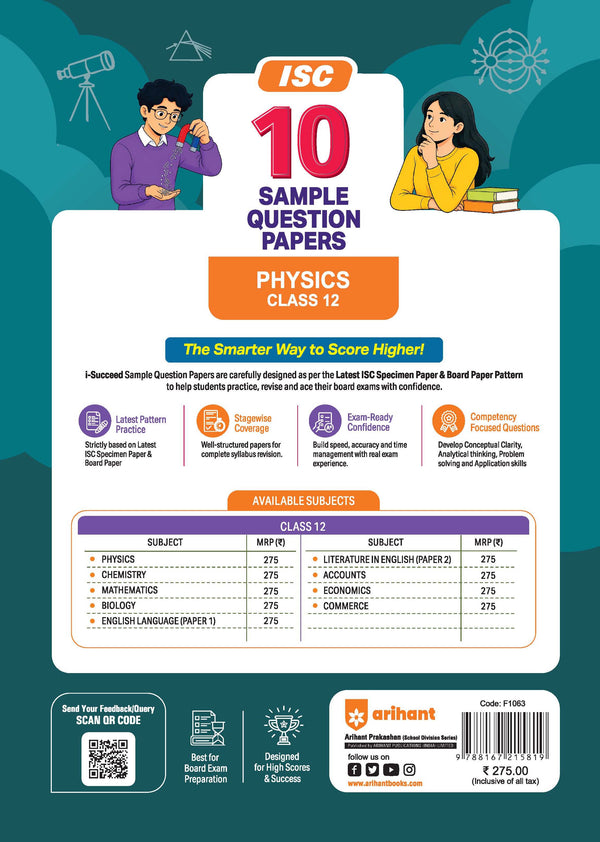 i-Succeed ISC 10 Sample Question Papers Class 12 Physics Exam 2027 | Colour-Coded Revision Cheat Sheets, Council Style Detailed Answers, Mind Maps for Last Minute Revision | Based on ISC Syllabus 2027