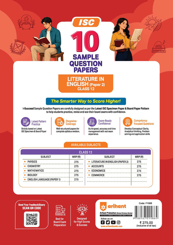 i-Succeed ISC 10 Sample Question Papers Class 12 Literature in English (Paper 2) Exam 2027 | Colour-Coded Revision Cheat Sheets, Council Style Detailed Answers | Based on ISC Syllabus 2027