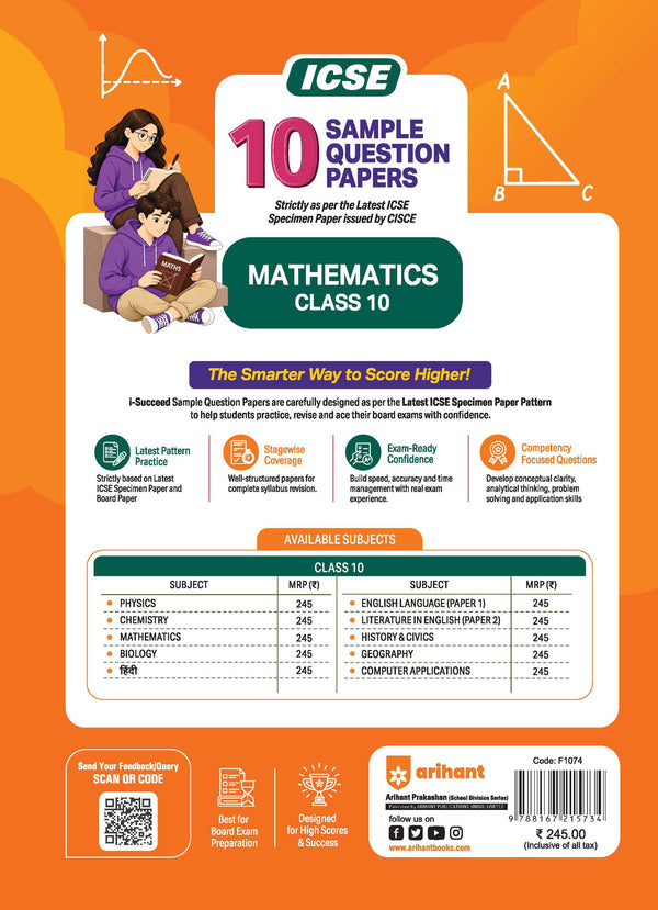 i-Succeed ICSE 10 Sample Question Papers Class 10 Mathematics Exam 2027 | Colour-Coded Revision Cheat Sheets, Council Style Detailed Answers, Mind Maps for Last Minute Revision | Based on ISC Syllabus 2027