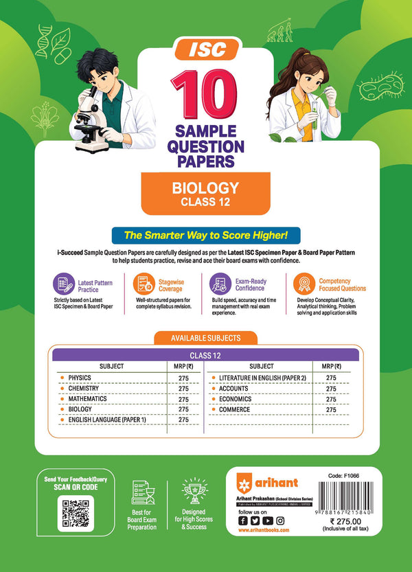 i-Succeed ISC 10 Sample Question Papers Class 12 Biology Exam 2027 | Colour-Coded Revision Cheat Sheets, Council Style Detailed Answers, Mind Maps for Last Minute Revision | Based on ISC Syllabus 2027