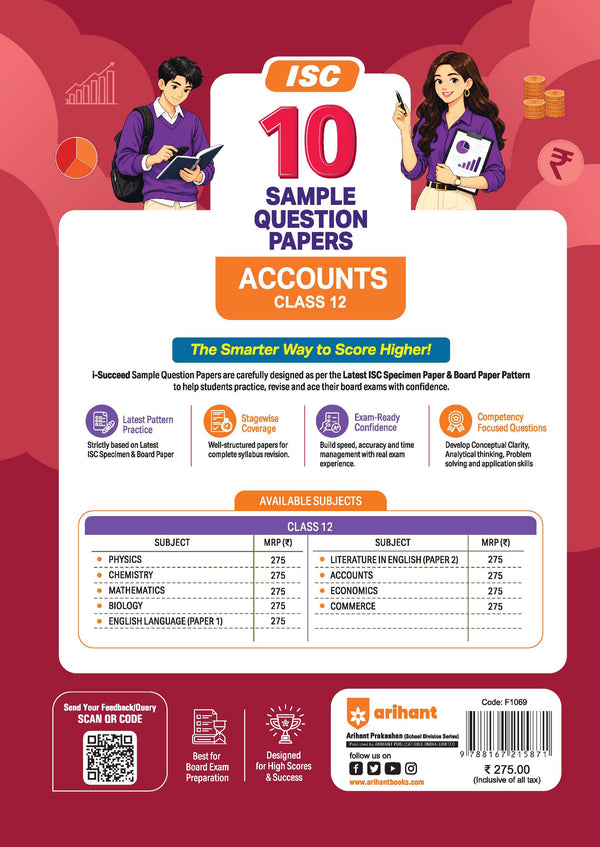 i-Succeed ISC 10 Sample Question Papers Class 12 Accounts Exam 2027 | Colour-Coded Revision Cheat Sheets, Council Style Detailed Answers, Mind Maps for Last Minute Revision | Based on ISC Syllabus 2027