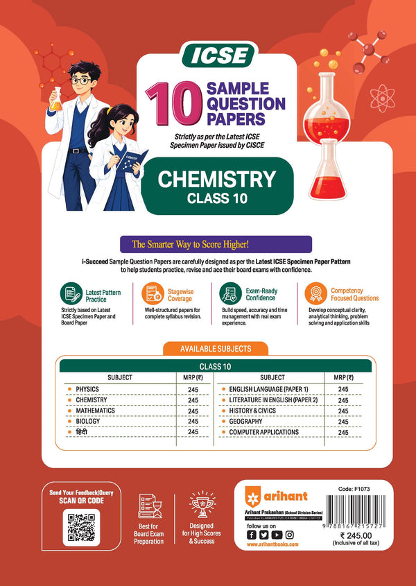 i-Succeed ICSE 10 Sample Question Papers Class 10 Chemistry Exam 2027 | Colour-Coded Revision Cheat Sheets, Council Style Detailed Answers, Mind Maps for Last Minute Revision | Based on ISC Syllabus 2027