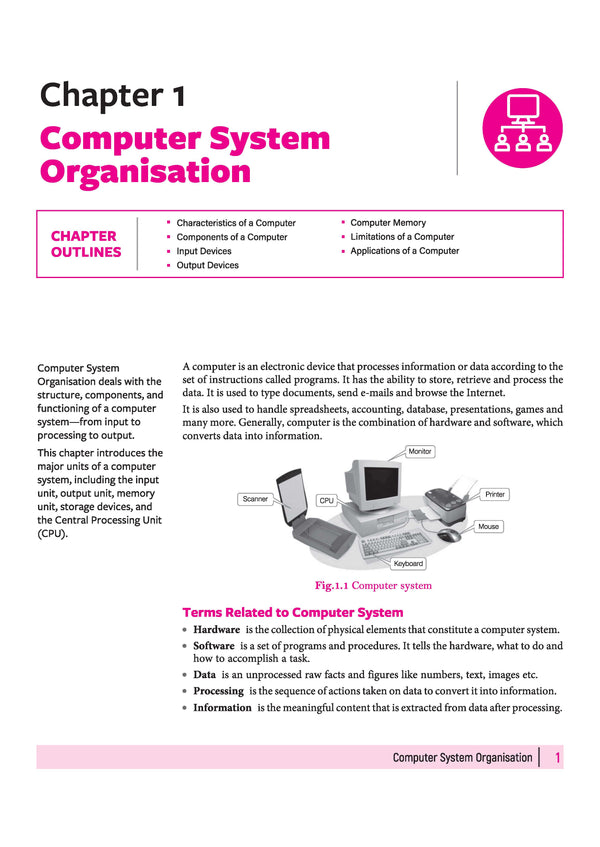 Chapter 1 Preview - Arihant All in One Computer Applications Class 9 CBSE Exam 2026-27 | Computer System Organisation Outlines, Input Output Devices, Hardware, and Software System Diagram"