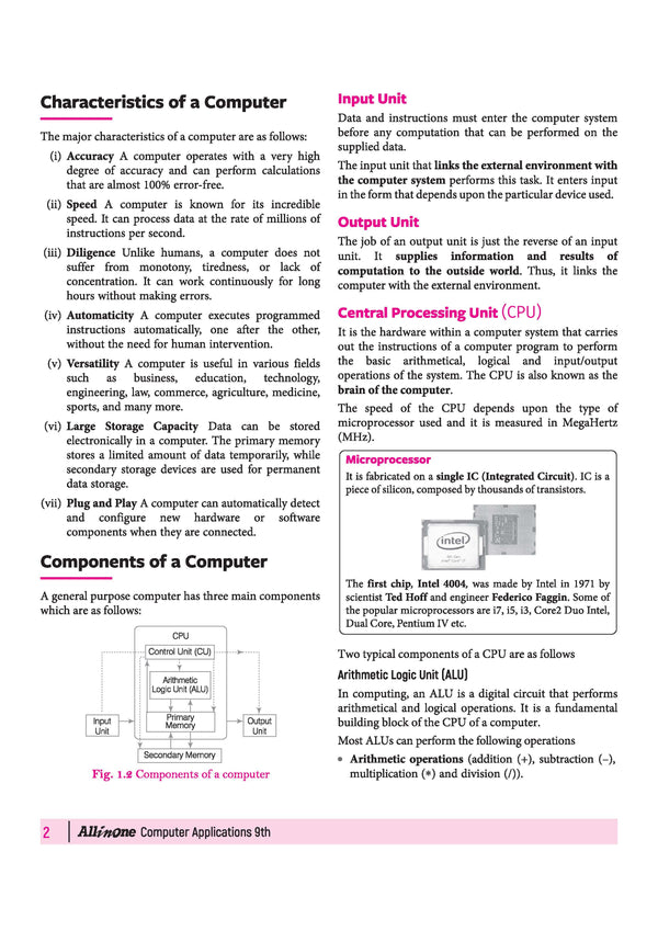Chapter 1 Preview - Arihant All in One Computer Applications Class 9 CBSE Exam 2026-27 | Computer System Organisation Outlines, Input Output Devices, Hardware, and Software System Diagram"