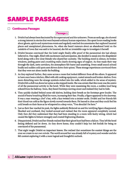 Arihant Class 10 English Communicative index for Reading Comprehension, Application Writing, Descriptive Paragraph, Formal Letters, and Article Writing