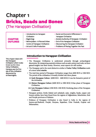 Arihant All in One History Class 12 Chapter 1 Bricks Beads and Bones sample page showing Harappan Civilisation outlines chronological timelines mature culture phases and archaeological source details