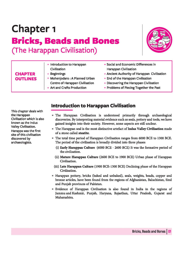 Arihant All in One History Class 12 Chapter 1 Bricks Beads and Bones sample page showing Harappan Civilisation outlines chronological timelines mature culture phases and archaeological source details