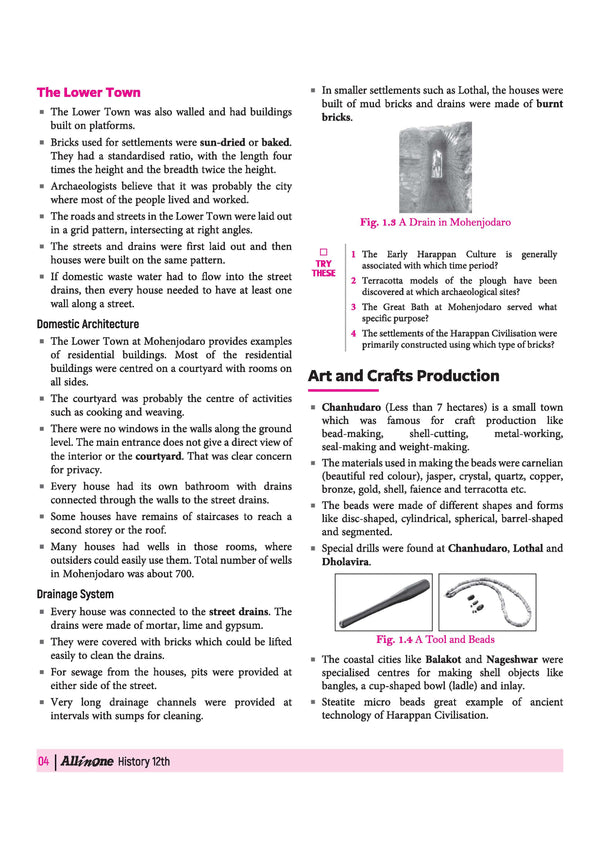 Arihant All in One History Class 12 Chapter 1 Bricks Beads and Bones sample page showing Harappan Civilisation outlines chronological timelines mature culture phases and archaeological source details