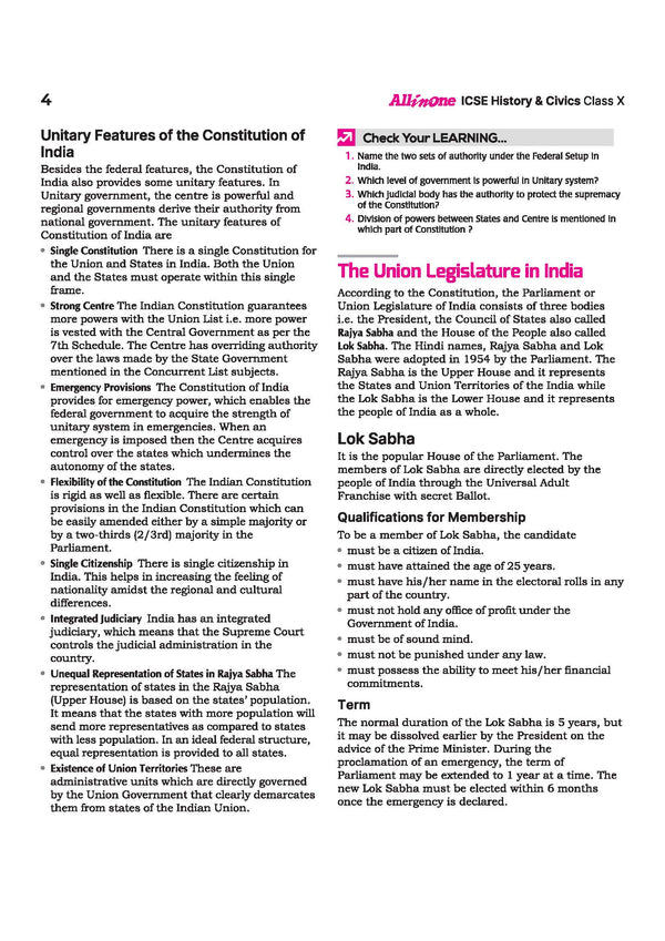 ICSE Class 10 History Civics All in One book table of contents