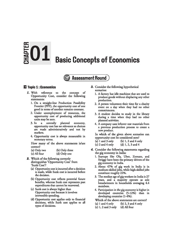 Arihant Ignite Topicwise MCQs Economics and Social Development Chapter 1 sample page featuring Assessment Round questions on basic concepts of economics opportunity cost versus sunk cost and the Indian gig economy