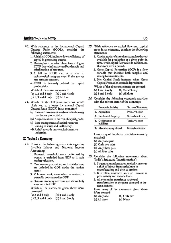 Arihant Ignite Topicwise MCQs Economics and Social Development Chapter 1 sample page featuring Assessment Round questions on basic concepts of economics opportunity cost versus sunk cost and the Indian gig economy