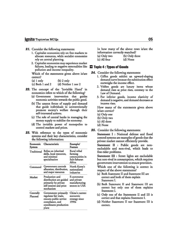 Arihant Ignite Topicwise MCQs Economics and Social Development Chapter 1 sample page featuring Assessment Round questions on basic concepts of economics opportunity cost versus sunk cost and the Indian gig economy
