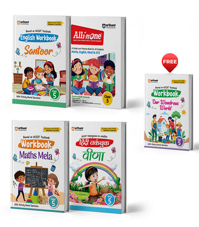 Combo of All in one & workbook Clas 5 | (Maths, English, Hindi & EVS) & Veena Hindi, Santoor English, Maths Mela | With Free Our Wondrous World | Based on New NCERT Released on April 2025