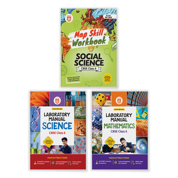 Combo of Lab Manual Mathematics, Science & Map Skill Workbook Social Science CBSE Class 6 | NEP 2020 Edition | English Medium