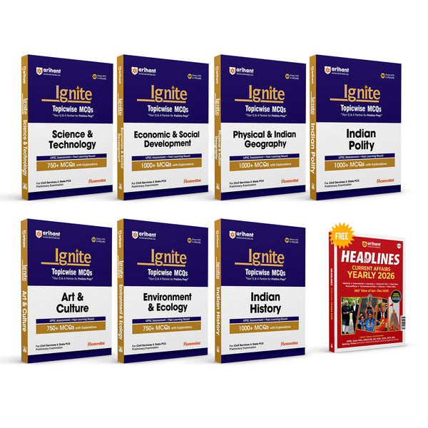Combo of Ignite Topicwise MCQs | Art & Culture, Environment & Eco., Indian Polity, Sci. & Tech., Physical & Indian Geography, History, Eco. & Social Development | With Free Headline Current Affairs 2026 | English Medium