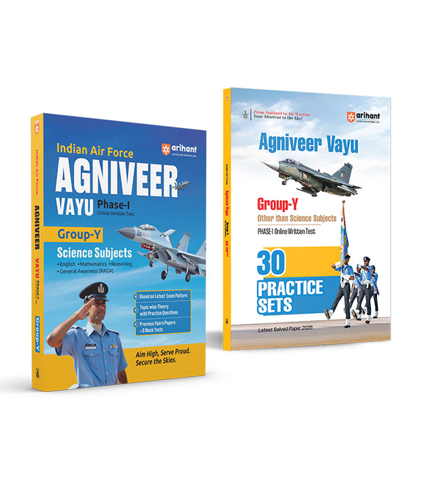 Combo of Indian Air Force Agniveer Vayu (Phase 1) Online Exam 2026 | Group Y Science (English, Mathematics, Reasoning, General Awareness) & Group Y Other Than Science 30 Practice Sets | English Medium