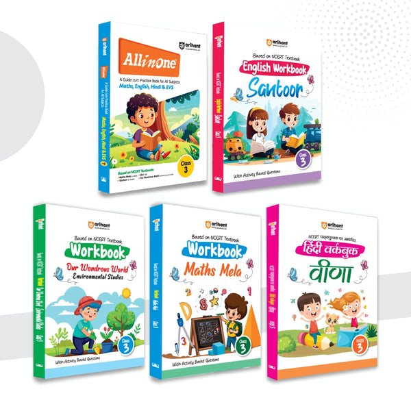 Combo (Set of 5 Books) NCERT Class 3 Complete Pack 2026–27: All in One Guide + 4 Workbooks (Maths Mela, Our Wondrous World, Santoor & Veena) | Complete Theory & Activity Practice Worksheets