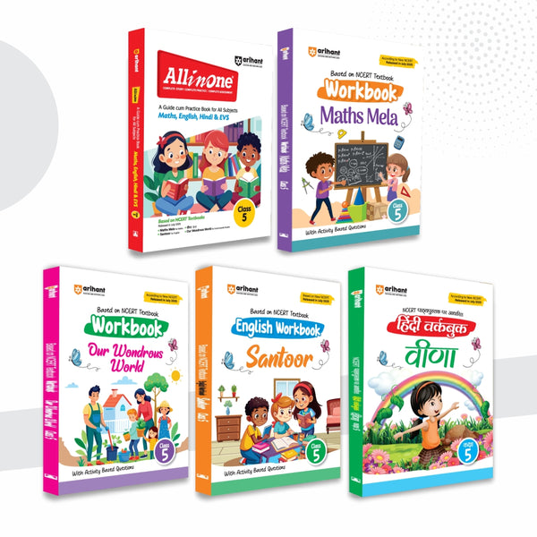 Combo (Set of 5 Books) NCERT Class 5 Complete Pack 2026–27: All in One Guide + 4 Workbooks (Maths Mela, Our Wondrous World, Santoor & Veena) | Complete Theory & Activity Practice Worksheets