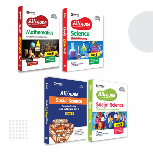 Combo of All in One Class 8 Core Subjects (Set of 4 Books: Science, Ganita Prakash Maths Part 1 & 2 & Exploring Society Social Science Part 2) for CBSE Board Exam 2026–27 | Updated NCERT Curriculum, Clear Theory, CBQs, Mind Maps & Sample Question Papers