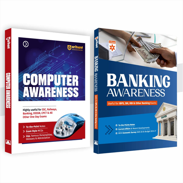 Combo (Set of 2 Books) Computer Awareness & Banking Awareness Practice Kit: To-the-Point Notes, MCQs, Economic Survey 2025-26 & Union Budget 2026-27 | Useful for IBPS, SBI, RBI, SSC, Railways & State Exams