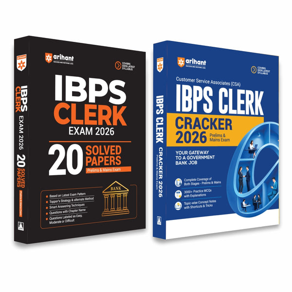 Combo (Set of 2 Books) IBPS Clerk Prelims & Mains Exam Kit 2026: Complete Study Guide + 20 Solved Papers with Smart Strategies & Detailed Solutions | Concept Notes, Shortcuts & 3000+ Practice MCQs
