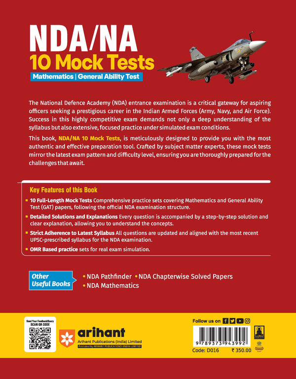 UPSC NDA/NA 2026 – 10 Mock Tests | Complete Practice Book for Mathematics, General Ability Test (GAT) | Latest Pattern, Detailed Solutions, Trend Analysis (2025–2022) & OMR Sheets
