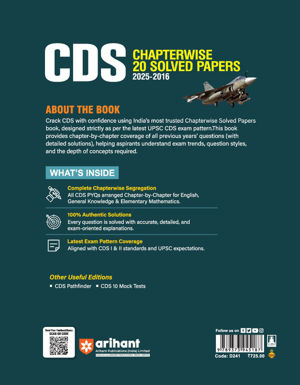 UPSC CDS 2026 — Chapterwise 20 Solved Papers (2025–2016) | English, General Knowledge & Elementary Mathematics | Detailed Explanations & Trend Analysis | 6500+ MCQs