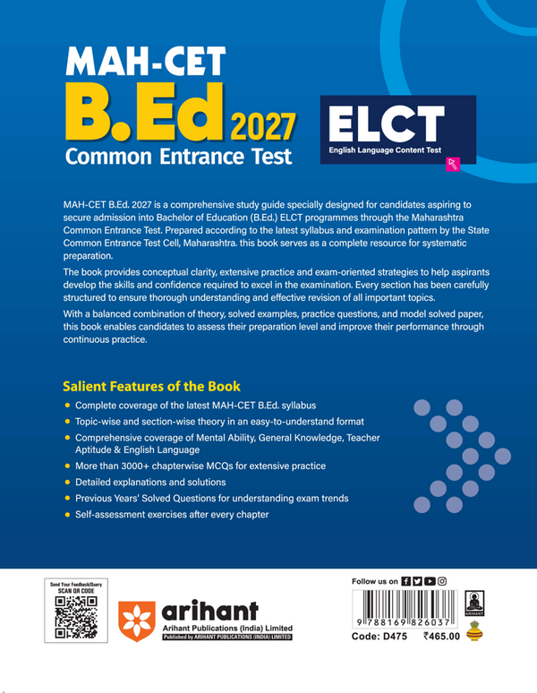 MAH CET B.Ed 2027 ELCT (English Language Content Test) | Complete Selection-Oriented Guide with 3000+ Practice MCQs, PYQs (2021–2025), Smart Revision Notes, Flowcharts, Tables & Latest Solved Paper 2026