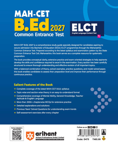 MAH CET B.Ed 2027 ELCT (English Language Content Test) | Complete Selection-Oriented Guide with 3000+ Practice MCQs, PYQs (2021–2025), Smart Revision Notes, Flowcharts, Tables & Latest Solved Paper 2026