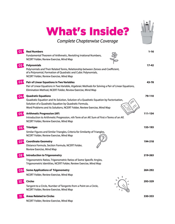 Table of contents from Arihant All in One Mathematics Class 10 textbook showing Chapterwise index from Real Numbers to Areas Related to Circles with NCERT folder and mind maps for CBSE Exam 2026-27