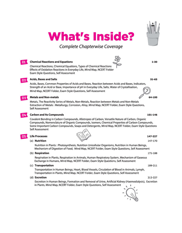 Table of contents for Arihant All in One Science Class 10 textbook showing Chapterwise coverage for Chemistry Chemical Reactions, Acids, Bases, Metals, Carbon Compounds and Biology Life Processes for CBSE Exam 2026-27