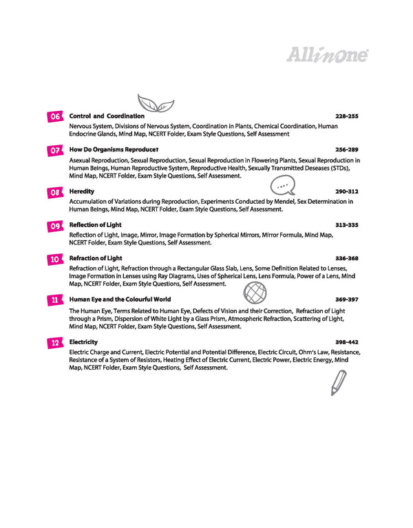 Table of contents for Arihant All in One Science Class 10 textbook showing Chapterwise coverage for Chemistry Chemical Reactions, Acids, Bases, Metals, Carbon Compounds and Biology Life Processes for CBSE Exam 2026-27
