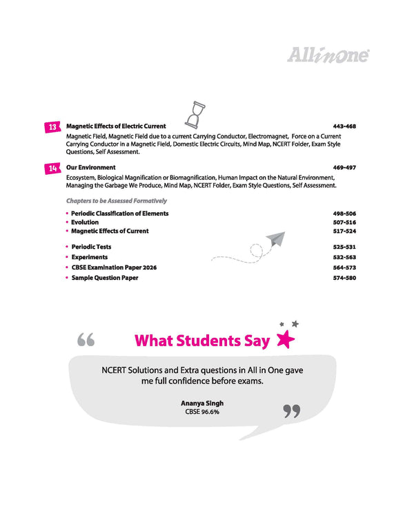 Table of contents for Arihant All in One Science Class 10 textbook showing Chapterwise coverage for Chemistry Chemical Reactions, Acids, Bases, Metals, Carbon Compounds and Biology Life Processes for CBSE Exam 2026-27