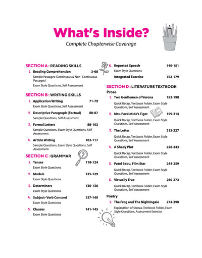 Table of contents from Arihant All in One English Communicative Class 10 reference book showing Section A Reading Skills, Section B Writing Skills, Section C Grammar, and Section D Literature Textbook chapters for CBSE Exam 2026-27