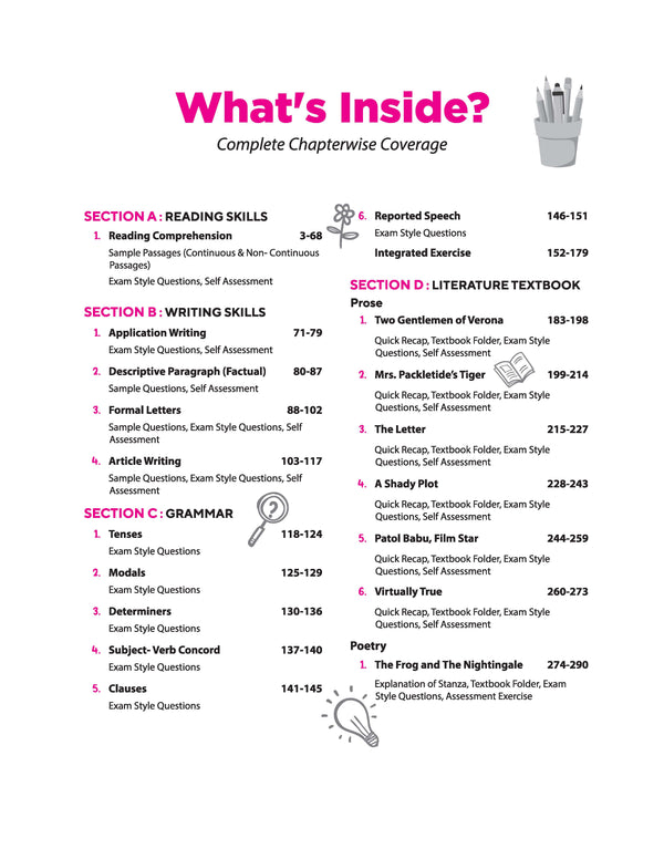 All in One English Communicative Class 10 CBSE Exam 2026-27 table of contents showing chapters topics CBQs exercises mind maps Arihantbooks