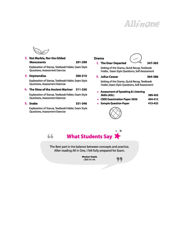 All in One English Communicative Class 10 CBSE Exam 2026-27 table of contents showing chapters topics CBQs exercises mind maps Arihantbooks