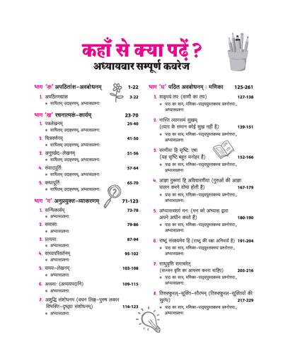 Table of contents from Arihant All in One Sanskrit Communicative Class 10 textbook showing section-wise index for Apathitansh Avabodhanam, Rachnatakam Karyam, Anuprayukt Vyakaran, and Manika Bhag 2 chapters for CBSE Exam 2026-27