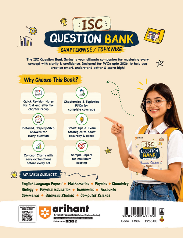 ISC Business Studies Class 12 Question Bank for Exam 2027 | 23 Years Chapterwise PYQs (2026–2004) with Detailed Step-by-Step Answers, Examiner's Comments, Smart Tips & 3 Sample Papers