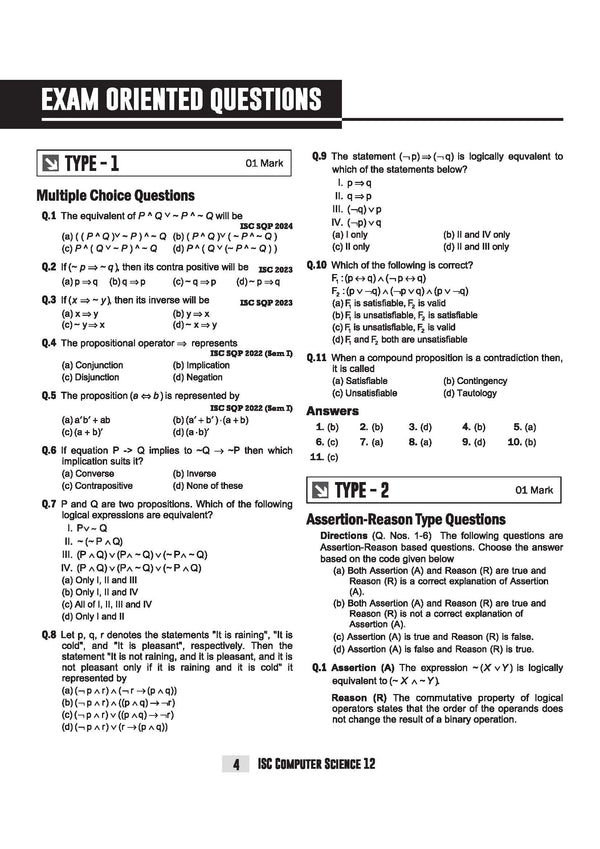 ISC Class 12 Computer Science Que Bee book table of contents