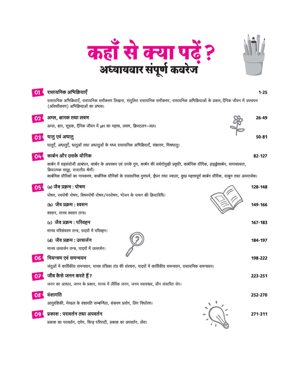 Table of contents from Arihant All in One Vigyan Class 10 Hindi Medium reference book showing chapterwise index from Rasayanik Abhikriyaen, Amla Ksharak tatha Lavan, to Prakash Paravartan tatha Apavartan for CBSE Exam 2026-27