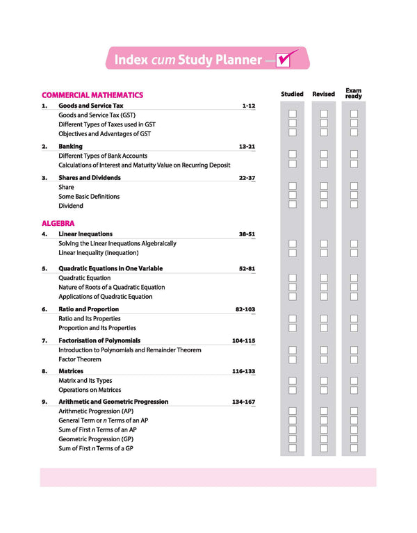 ICSE Class 10 Mathematics All in One book table of contents