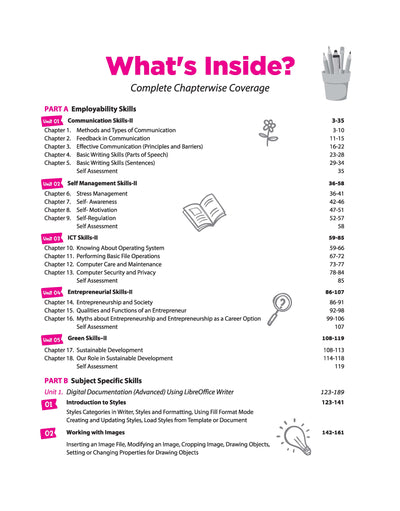 Table of contents from Arihant All in One Information Technology Code 402 Class 10 textbook showing Part A Employability Skills units and Part B Subject Specific Skills covering Digital Documentation Advanced using LibreOffice Writer for CBSE Exam 2026-27