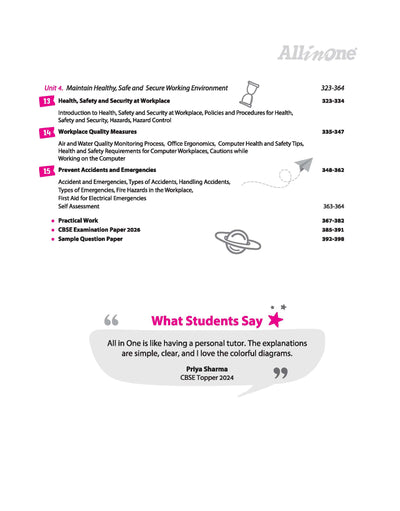 Table of contents from Arihant All in One Information Technology Code 402 Class 10 textbook showing Part A Employability Skills units and Part B Subject Specific Skills covering Digital Documentation Advanced using LibreOffice Writer for CBSE Exam 2026-27
