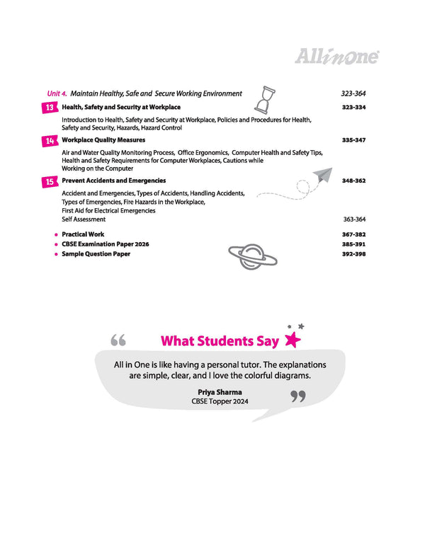 Table of contents from Arihant All in One Information Technology Code 402 Class 10 textbook showing Part A Employability Skills units and Part B Subject Specific Skills covering Digital Documentation Advanced using LibreOffice Writer for CBSE Exam 2026-27
