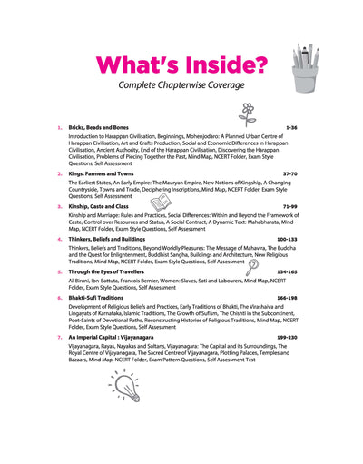 Table of Contents index page from Arihant All in One History Class 12 textbook detailing complete themes in Indian history syllabus chapters from Harappan civilization to Vijayanagara empire with page numbers
